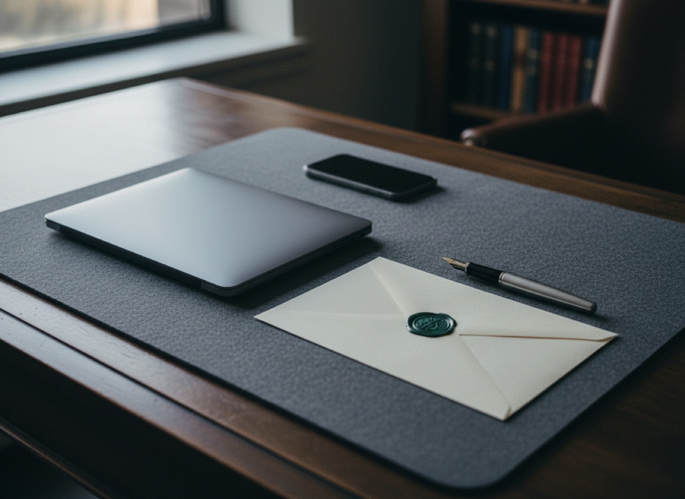 A sealed envelope and a closed laptop on a desk in a quiet office